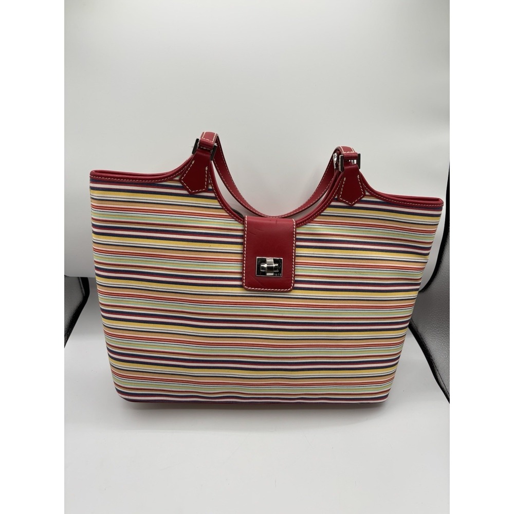 Rafe New York Striped Red Leather Canvas Shoulder Bag Zip Close‎ NWOT